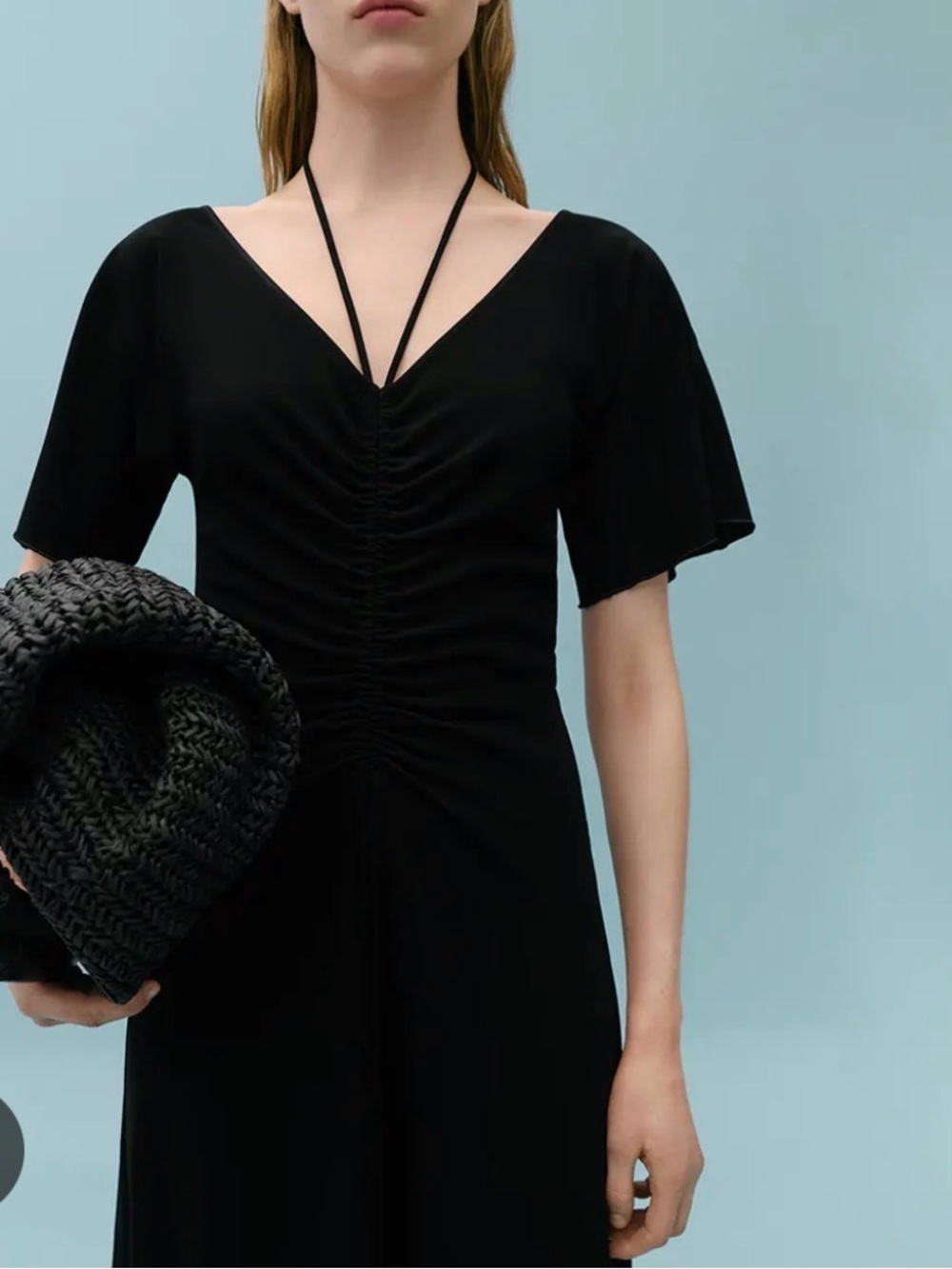 Victoria Beckham For Mango Black Midi Dress with V-Neck Rouched